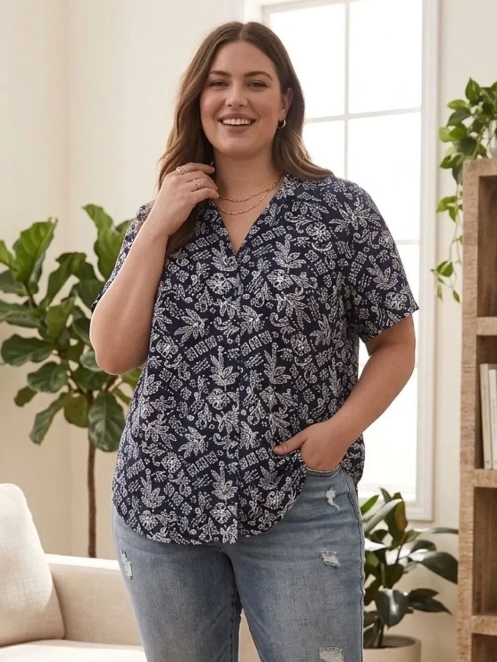 Take 50% OFF- Women’s Navy Blue Short-Sleeve Floral Shirt, Size-XL